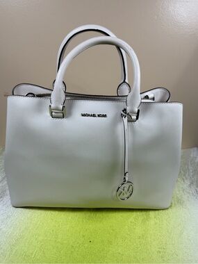 Michael Kors White Saffiano Satchel with Logo Charm